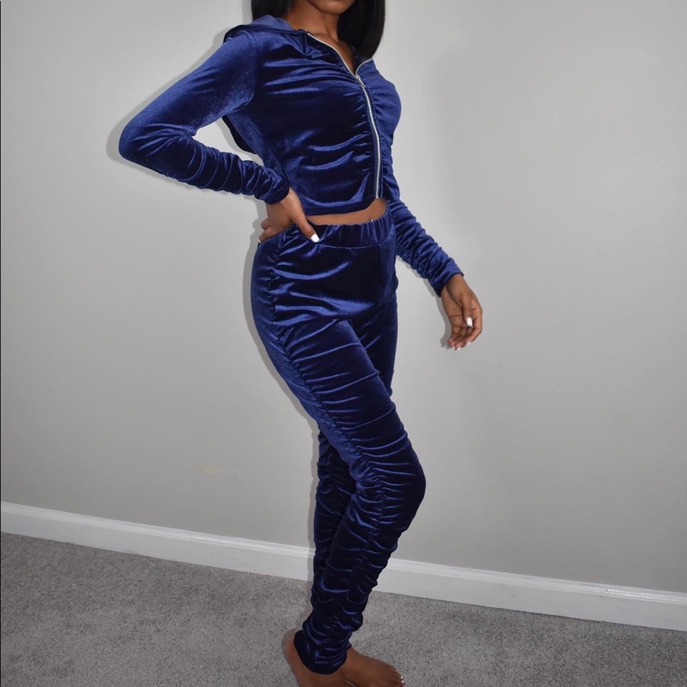 Velvet material two piece pants & jacket set.